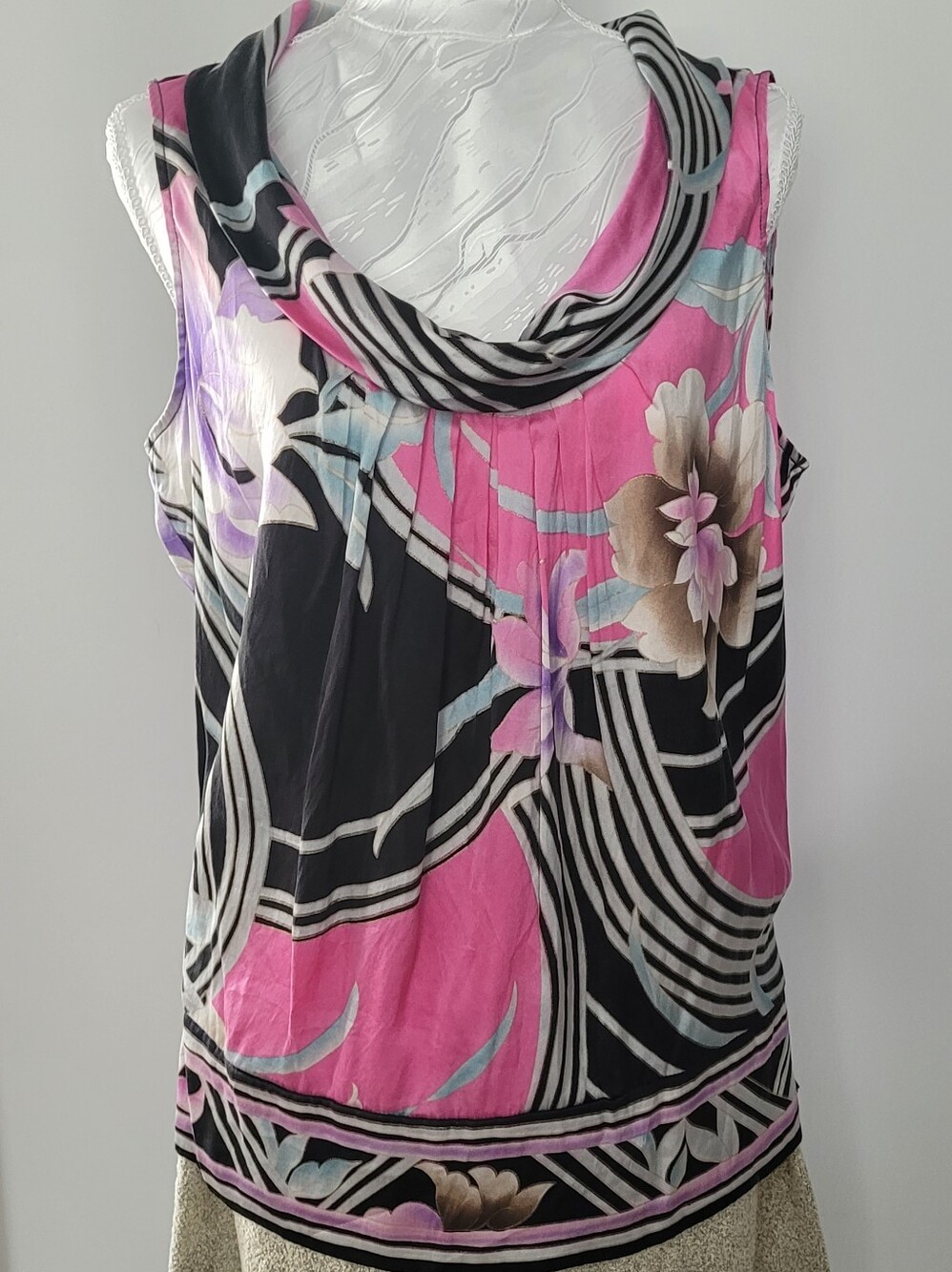 95% Silk Blouse Pink, Black and Cream Floral Cowl Neck